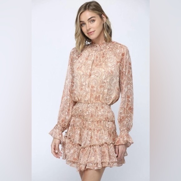FATE NWT Boho Patchwork Metallic Print Ruffle Smocked Waist Long Sleeve Size S** - Picture 1 of 10